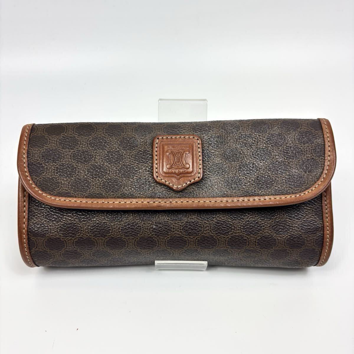 CELINE セリーヌ マカダム ポーチ バッグ トリオンフ ロゴ PVC レザー フラップ ブラウン_画像1