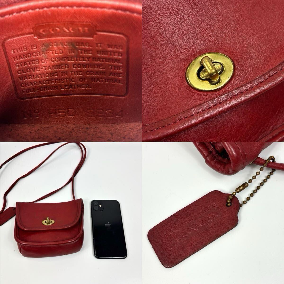 OLD COACH オールドコーチ USA製 グラブタンレザー ミニ マイクロ ショルダーバッグ ポシェット 赤 レッド 9934 チャーム ターンロック_画像9