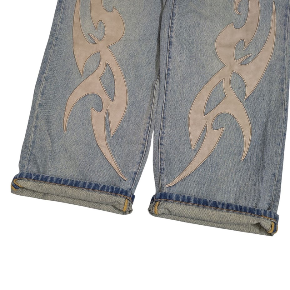 SUPPLIER Tribal Leather Patch Denim サプライヤー デニム バギー ワイドパンツ インディゴ ブルー サイズ XL_画像6