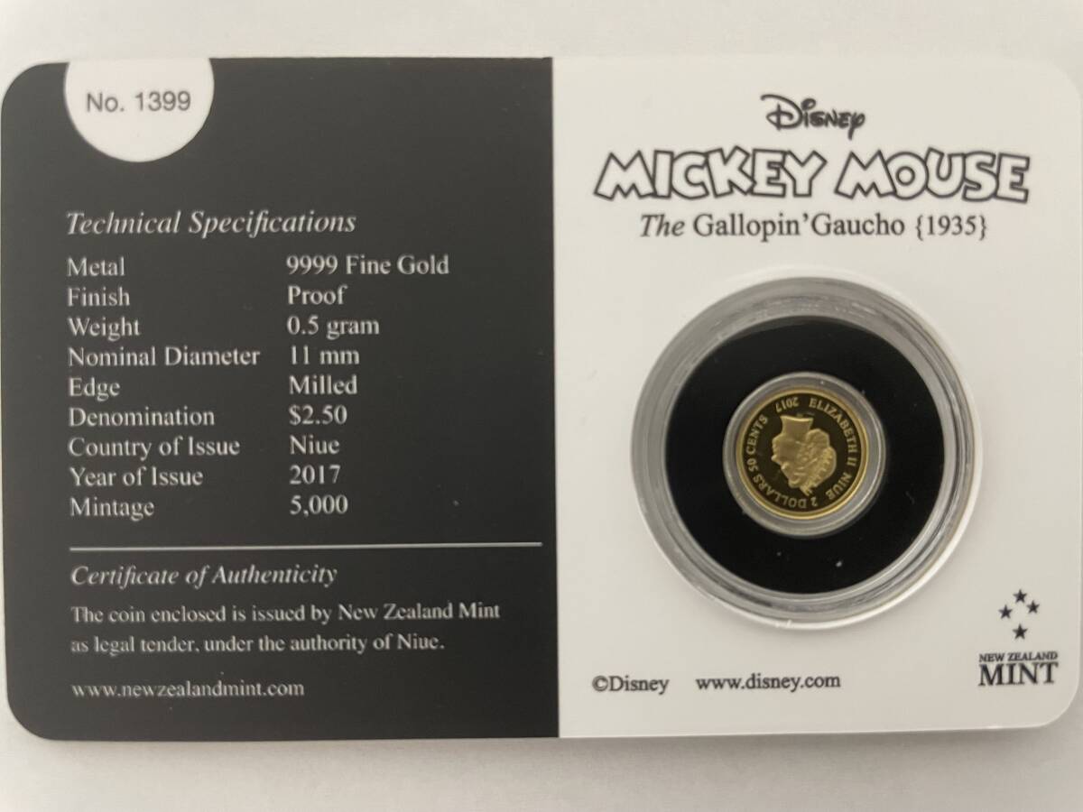 ミッキーマウス 0.5g 金貨 ニュージーランド, 限定品　1,399/5,000, 2017, Gold Coin of New Zealand