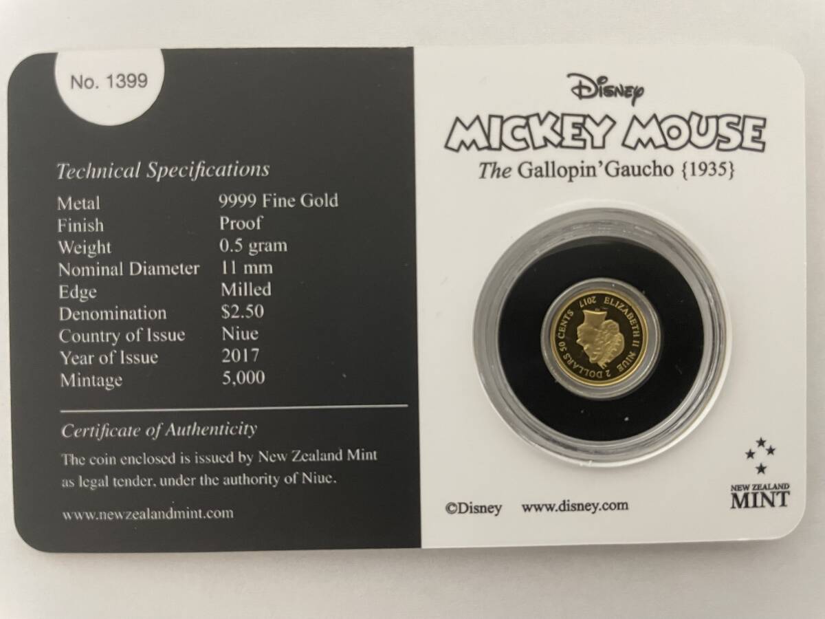 ミッキーマウス 0.5g 金貨 ニュージーランド, 限定品　1,399/5,000, 2017, Gold Coin of New Zealand