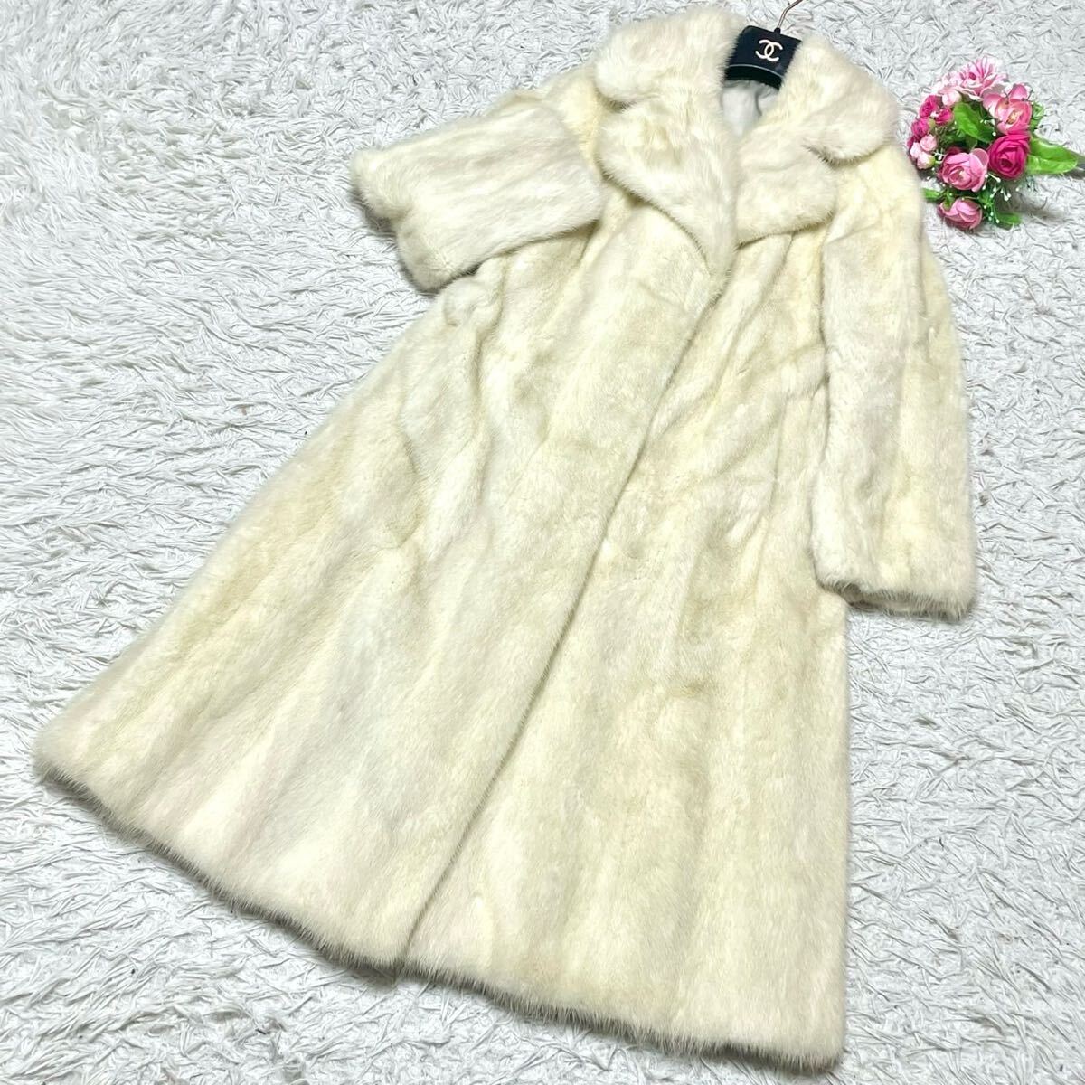 なめし柔らか◎ホワイトミンク ファーコート ロング 着丈約107cm 毛並み◎ リアルファー 本毛皮 レディース アウター L相当 白系_画像1