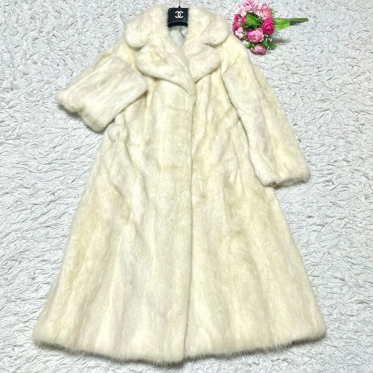 なめし柔らか◎ホワイトミンク ファーコート ロング 着丈約107cm 毛並み◎ リアルファー 本毛皮 レディース アウター L相当 白系_画像2