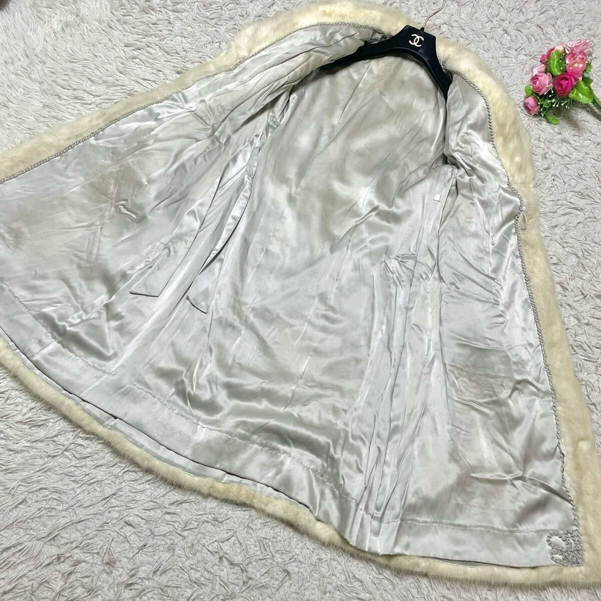 なめし柔らか◎ホワイトミンク ファーコート ロング 着丈約107cm 毛並み◎ リアルファー 本毛皮 レディース アウター L相当 白系_画像4