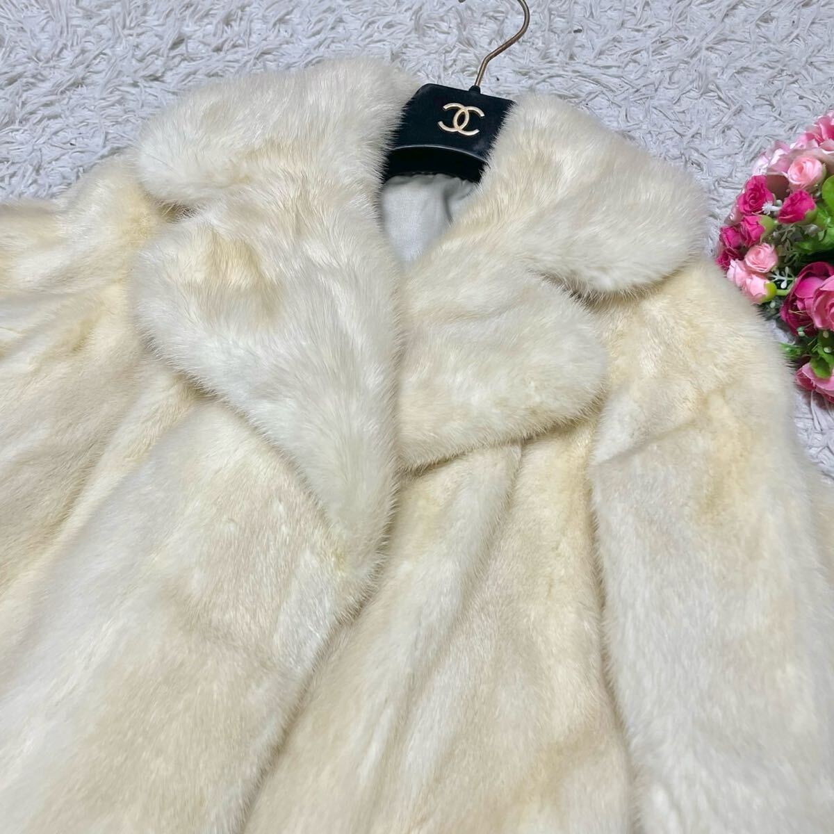 なめし柔らか◎ホワイトミンク ファーコート ロング 着丈約107cm 毛並み◎ リアルファー 本毛皮 レディース アウター L相当 白系_画像6