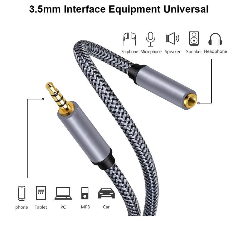 AUX 3.5mm 4極延長オーディオケーブル 2m (オス-メス)メッシュコード_画像2