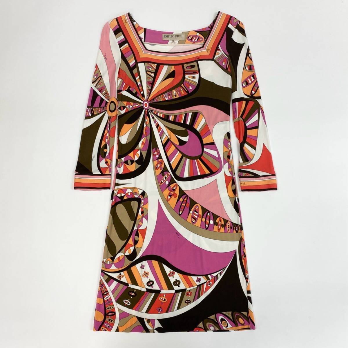 77 EMIRIO PUCCI エミリオプッチ イタリア制 スクエアネック 長袖ワンピース 総柄 シルク混 パーティー レディース 38u02t