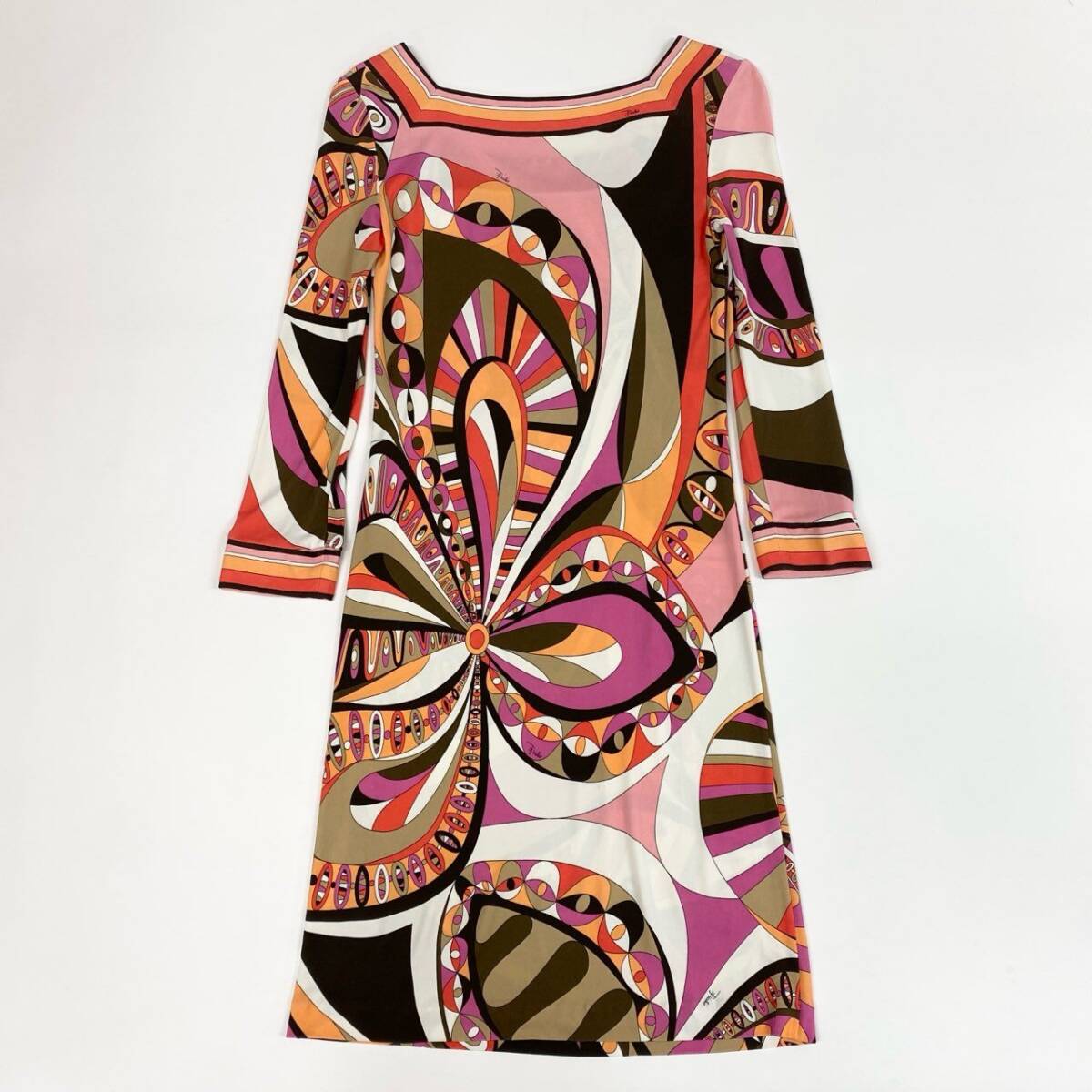 77 EMIRIO PUCCI エミリオプッチ イタリア制 スクエアネック 長袖ワンピース 総柄 シルク混 パーティー レディース 38u02t