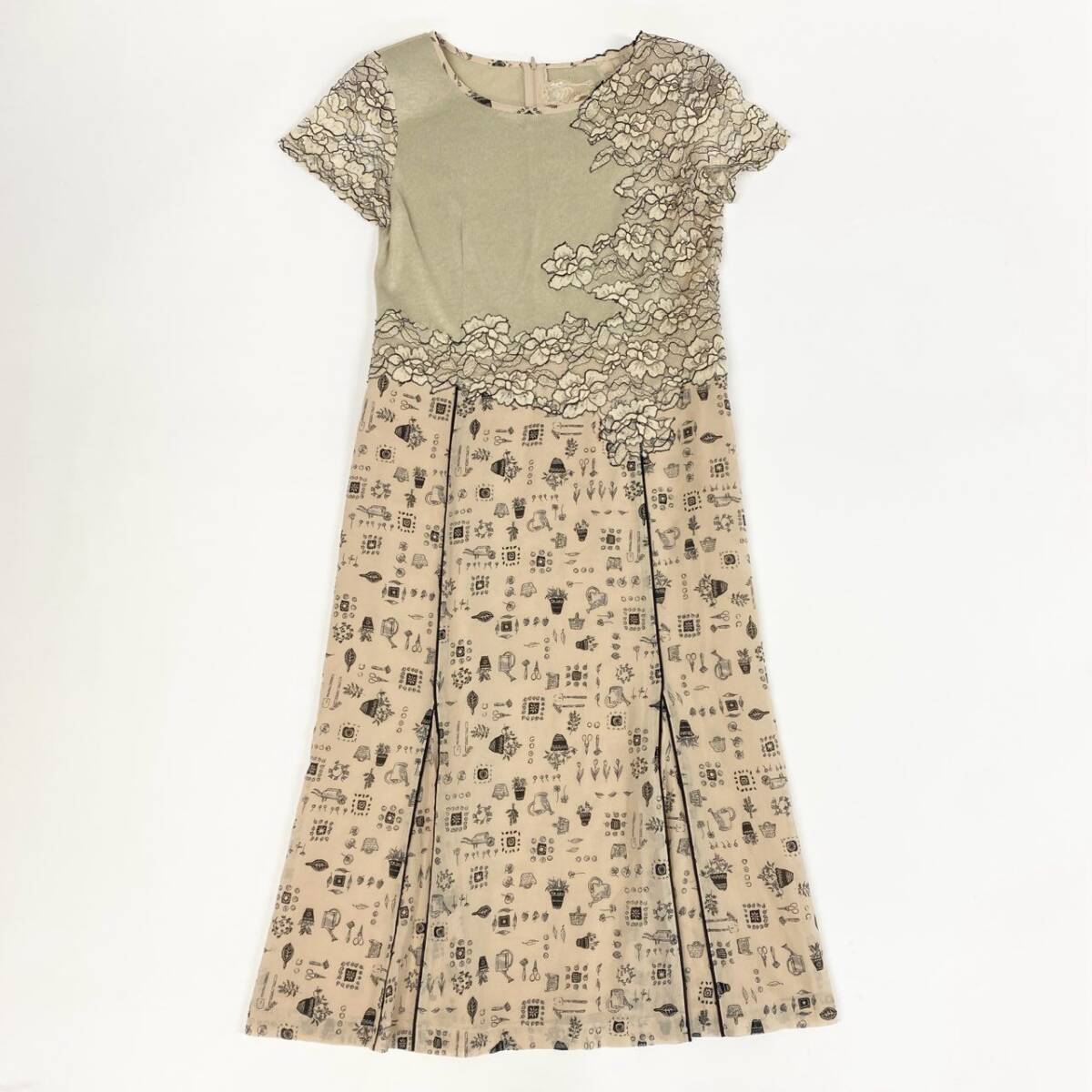 60j27 Roosa ロッサ 半袖ワンピース ロングワンピース ニット レース 総柄 44サイズ ベージュ ブラック レディースu02t_画像1