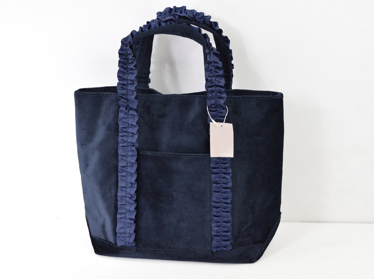 3014-25R0093★レイジースーザン LAZY SUSAN 未使用タグ付き★美光沢ベロア調 ギャザーリボンテープ 大人可愛いバッグ 紺ネイビー 底板付き_画像1