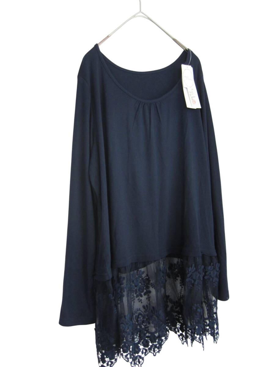 ★送料無料　新品　【4L】Rose Peche ローズペッシュ　ネイビー　裾レース　長袖カットソー　596-0802　定価6760円　大きいサイズ_画像2