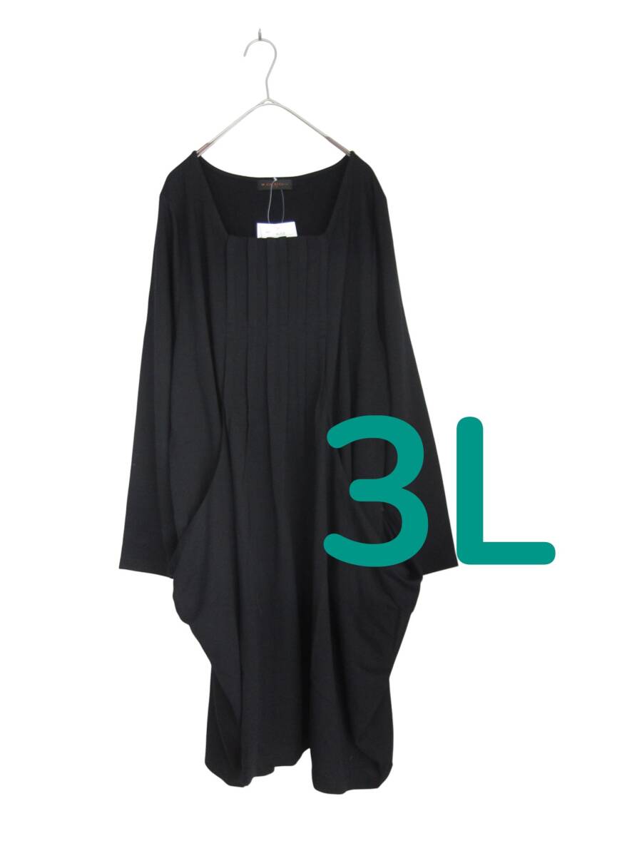 送料無料　T90　新品　【3L】　ブラック　両サイド　ポケット　ワンピース　7分袖　大きいサイズ　ゆうパケットプラス　_画像1