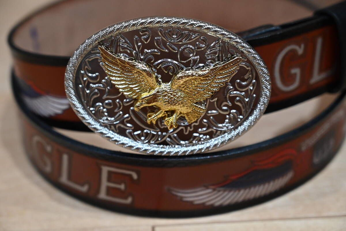 ★ハンドメイド レザー カービング柄 鷲柄バックル付きベルト イーグル柄★ダークブラウン!_画像1