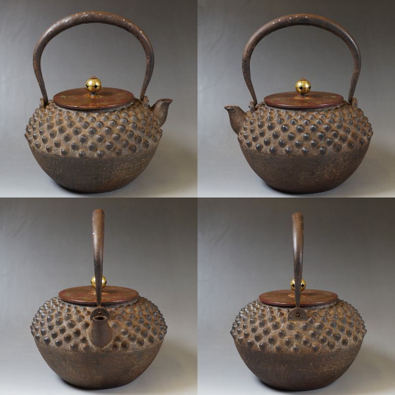 ■壱■釜師作 銀象嵌堤手 鬼霰鉄瓶 紫斑銅蓋 秋野/武蔵野銀象嵌 煎茶道具 茶道具 ■_画像2