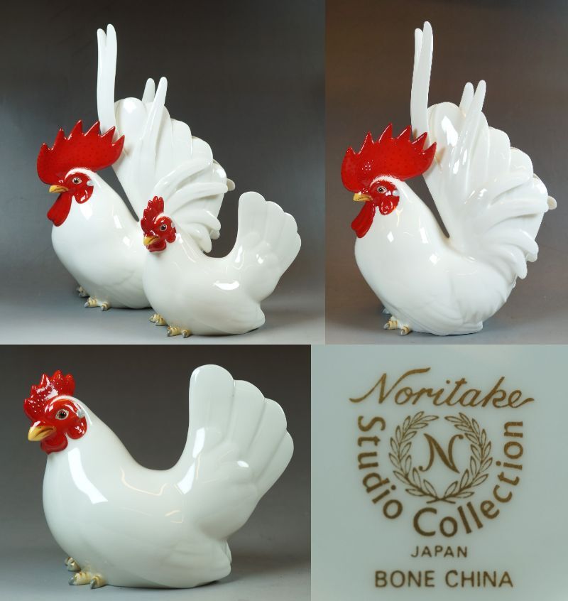 ☆壱☆ノリタケ Noritake スタジオライン 雄鶏/雌鶏 ペア 2点set 陶器 置物 フィギュリン アンティーク/オールドノリタケ 美品☆_画像1