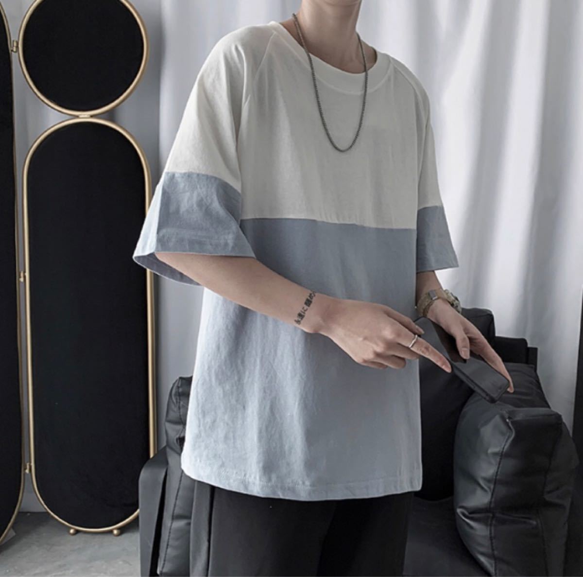 ビッグシルエットTシャツ ツートンカラー 韓国風ファッション カーキ 　XL