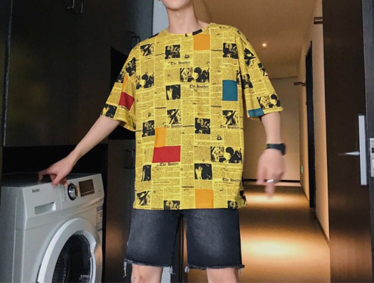英字新聞柄 Tシャツ 韓国 ユニセックス ビッグシルエット 黄色　XL