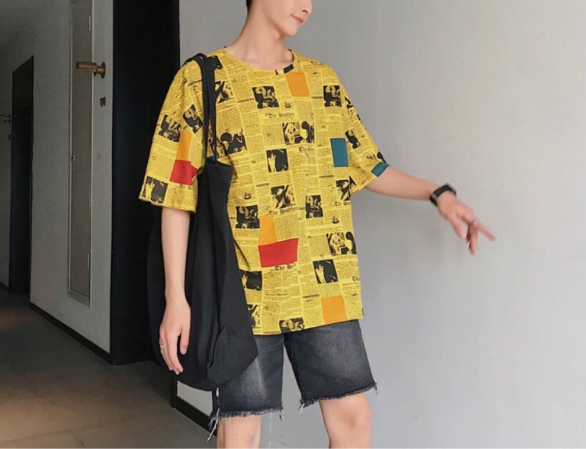英字新聞柄 Tシャツ 韓国 ユニセックス ビッグシルエット 黄色　XL