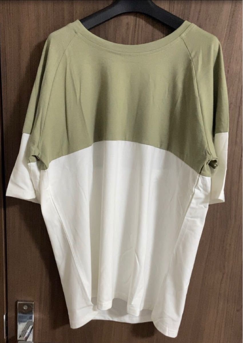 ビッグシルエットTシャツ ツートンカラー 韓国風ファッション カーキ 　XL