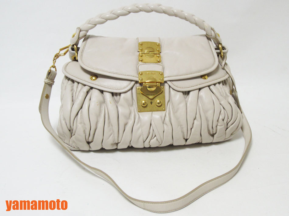  free shipping miu miu MiuMiu matelasse 2WAY bag handbag shoulder bag leather gray strap beautiful goods 