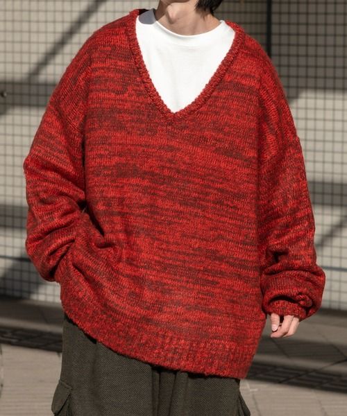 【Perushu】Vネックミックス編みニット