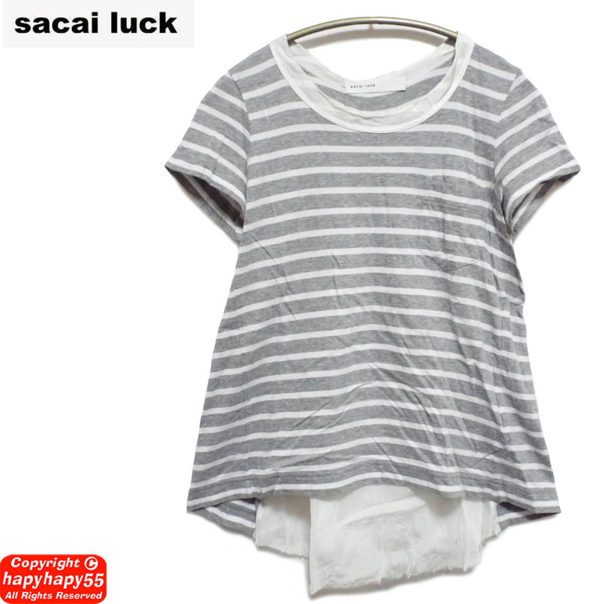 ■sacai luck バックサテン切り替え ボーダーカットソー グレーｘホワイト◆サカイ ドッキング Aライン Tシャツ 半袖 かわいい 可愛い_画像2