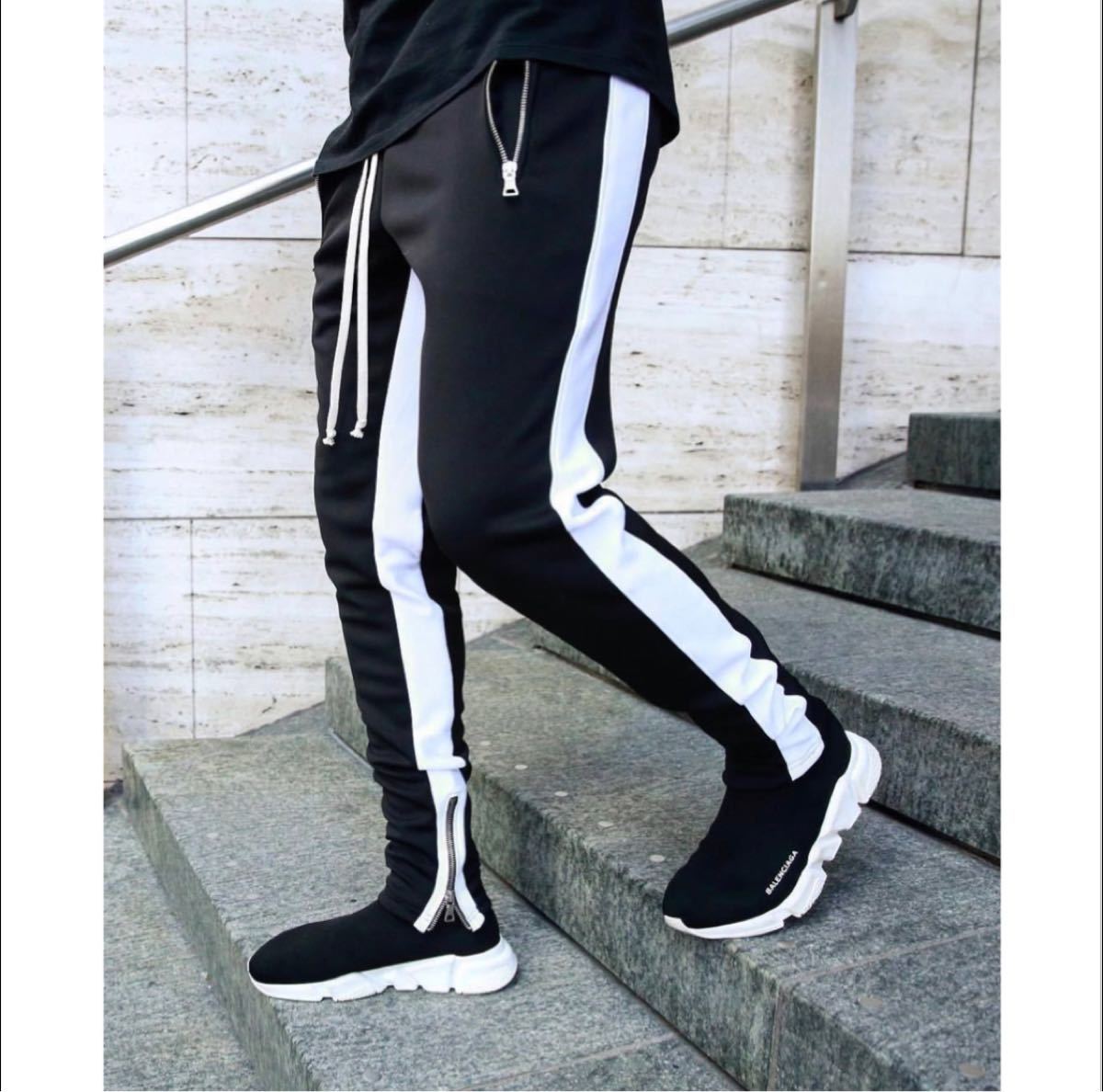 韓国 メンズ スウェット パンツ ジョガーパンツ サイドライン黒 ブラック XL