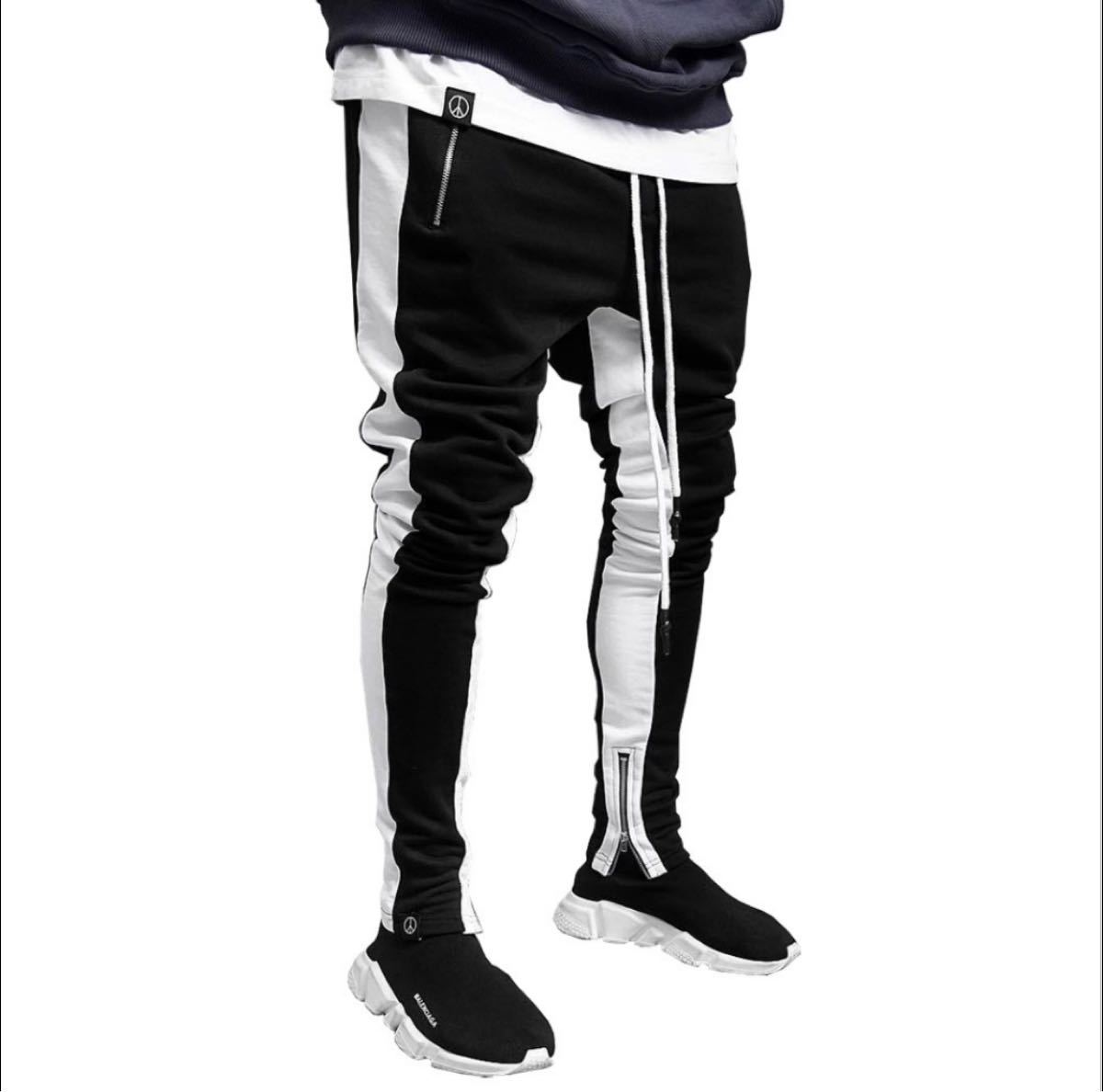 韓国 メンズ スウェット パンツ ジョガーパンツ サイドライン 黒 ブラック L