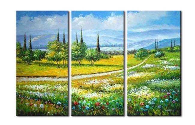 【オンラインショップ】 【受注制作】アートパネル　『山と花園』　30x60cm 3枚組　肉筆 x 自然、風景画