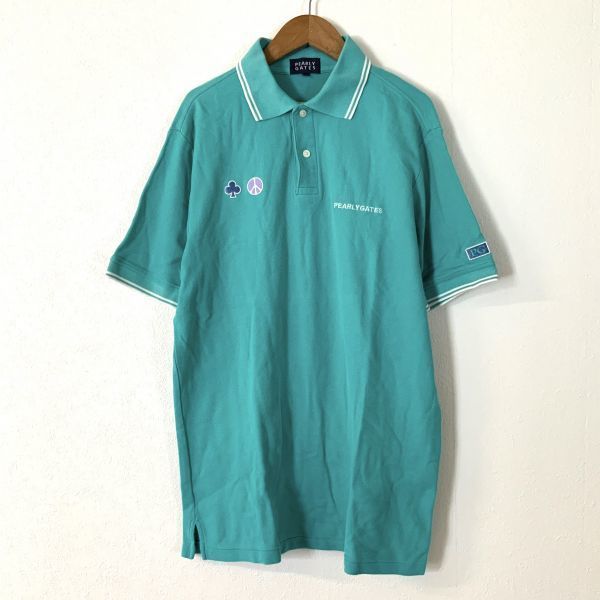 良品 PEARLY GATES パーリーゲイツ 刺繍ロゴ 半袖 ポロシャツ メンズ大きいサイズ 5サイズ エメラルドグリーン golf ゴルフウェア_画像1
