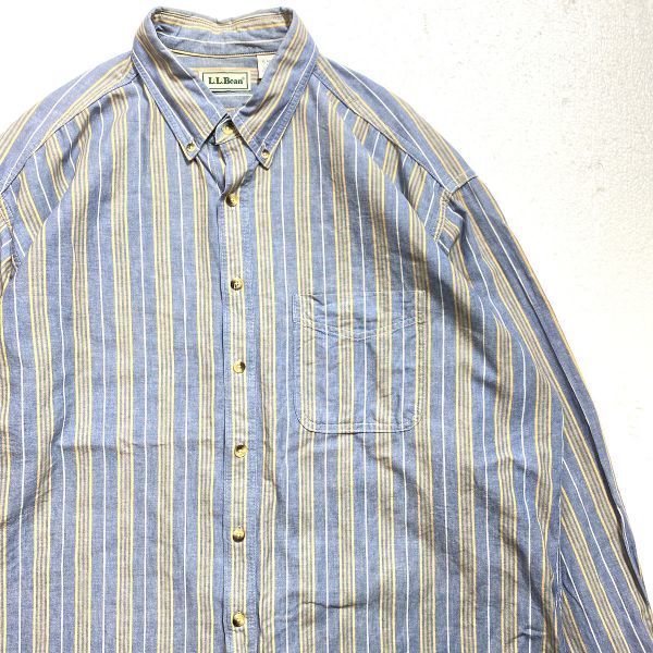 90's カナダ製 LLBean LLビーン ストライプ シャンブレー ボタンダウン シャツ (XL) コットン 旧タグ 90年代 オールド