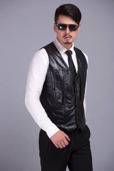  new goods! ram leather the best leather men's original leather book@ sheep leather real leather the best business for winter thing gilet -v neck large size equipped black 4XL