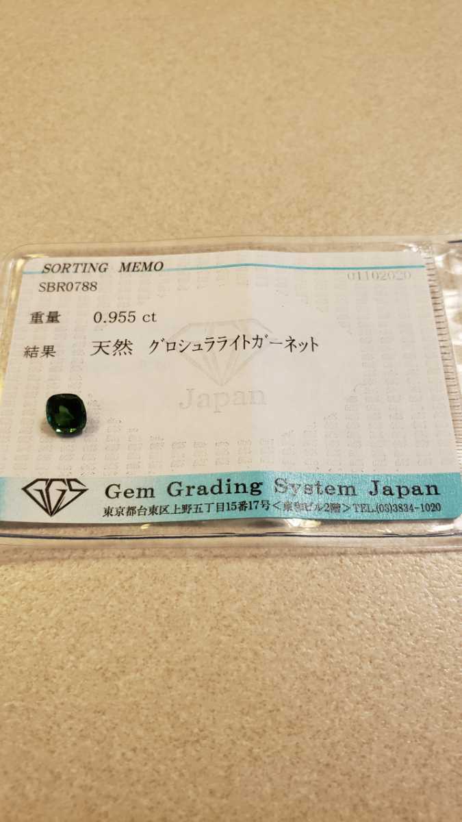 天然グロシュラライトガーネット、0.955カラット.ソーティング付き、綺麗な透明感のグリーン色のルースです。_画像4