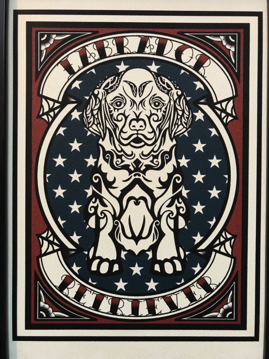 トライバル デザイン イラスト tattoo ワンちゃん ラブラドール 大型犬 ペット A4サイズ 黒色フレーム付き_画像4