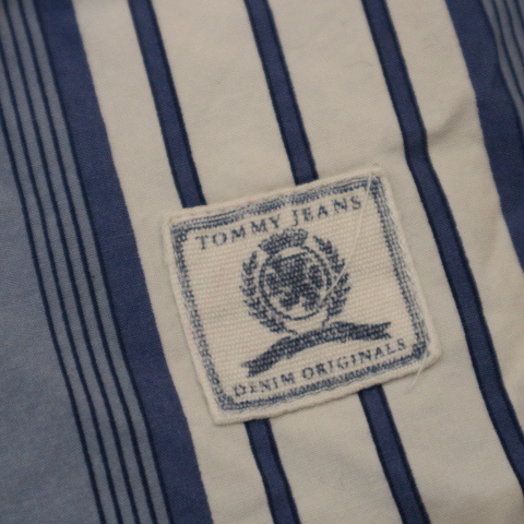 90s TOMMY JEANS ボタンダウンシャツ L ストライプ ブルー ボーダー ロゴ刺繍 長袖 コットン トミーヒルフィガー ジーンズの画像4