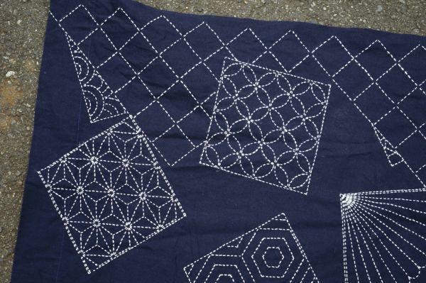 ホビー通販 O-2434 袋帯 総刺し子 七宝 麻の葉 青海波 亀甲 菱形 黒色