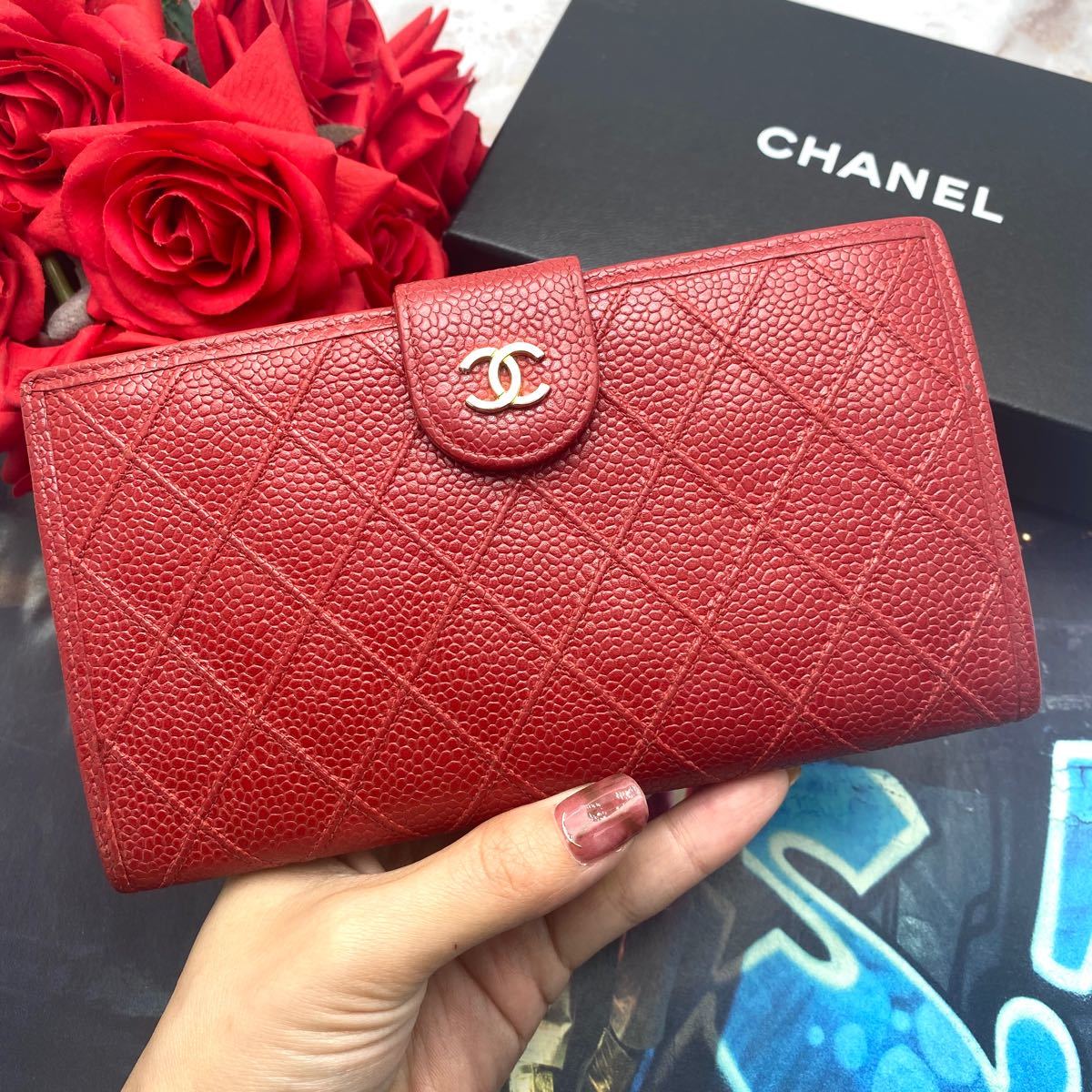美品 CHANEL シャネル キャビアスキン ビコローレ がま口 長財布 赤
