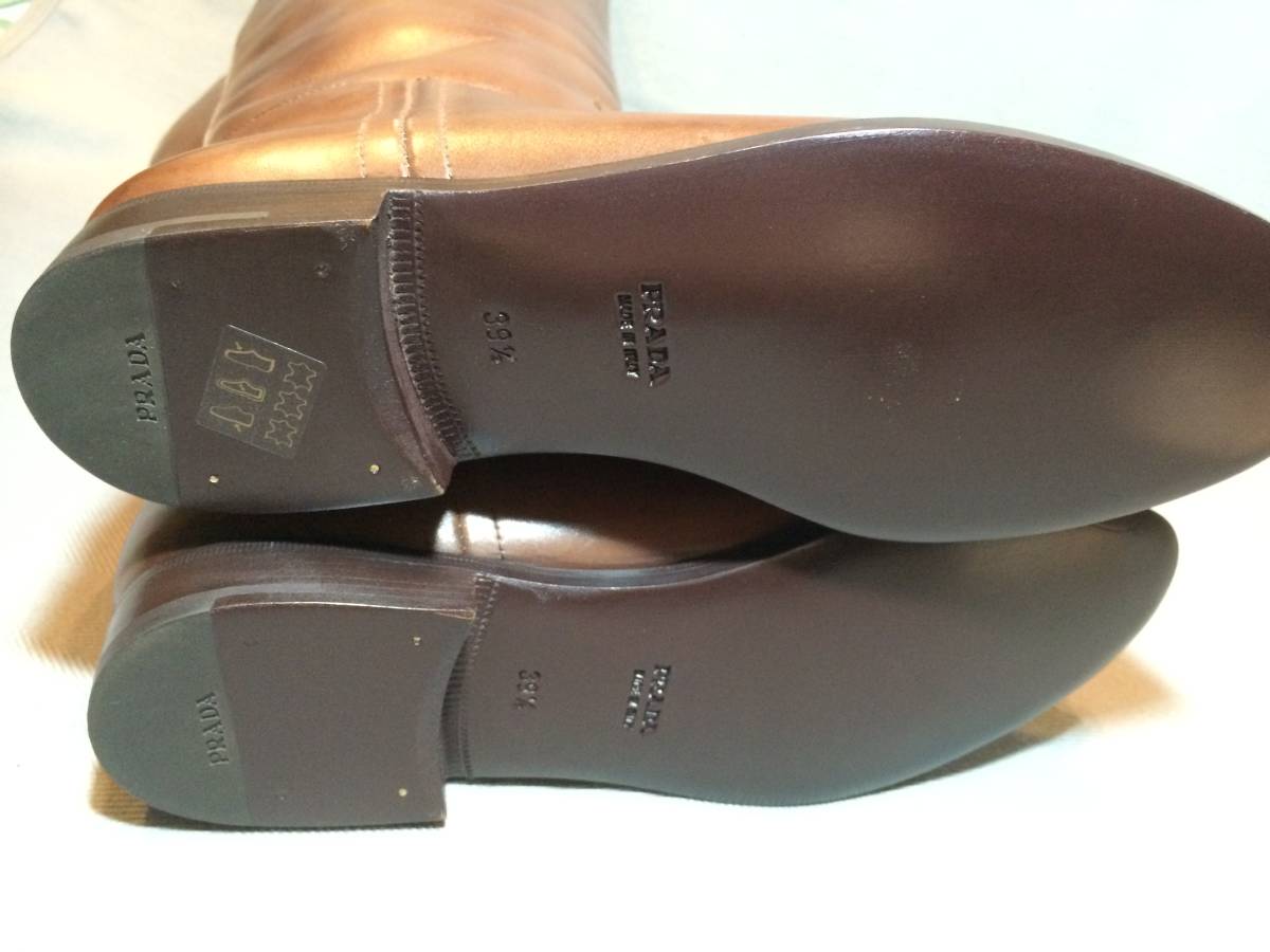 新品 プラダ レザー ジョッキー ロング ブーツ 39.5 PRADA 茶 ブラウン 本革 乗馬 革靴 シューズ_画像7
