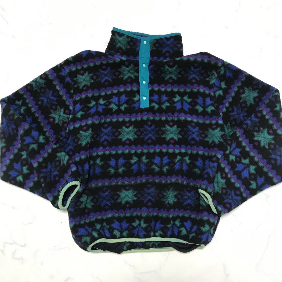 90s USA製★LL BEAN エルエルビーン★スナップ フリース 総柄 ジャケット トップス ハーフボタン size KIDS XL 管:A:10_画像4