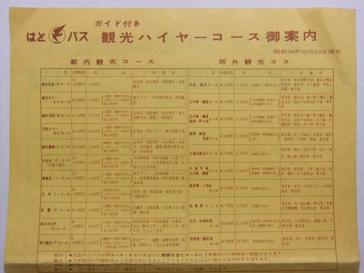 ☆☆A-5799★ 昭和34年 はとバス ご乗車の手引/東京遊覧コース案内/営業案内/観光バス貸切料金表 ★レトロ印刷物☆☆_画像8