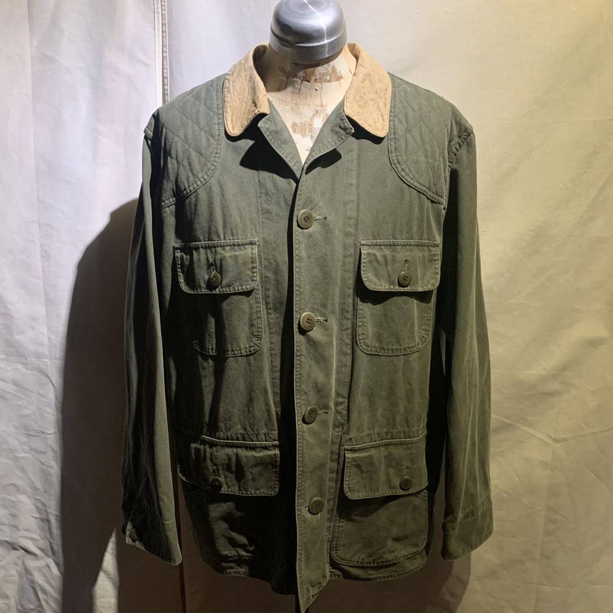 希少】80s BANANA REPUBLIC ヴィンテージ ハンティングジャケット レザー切替 初期 OLD 古着 カバーオール Ralph  Lauren levis 70s 90s