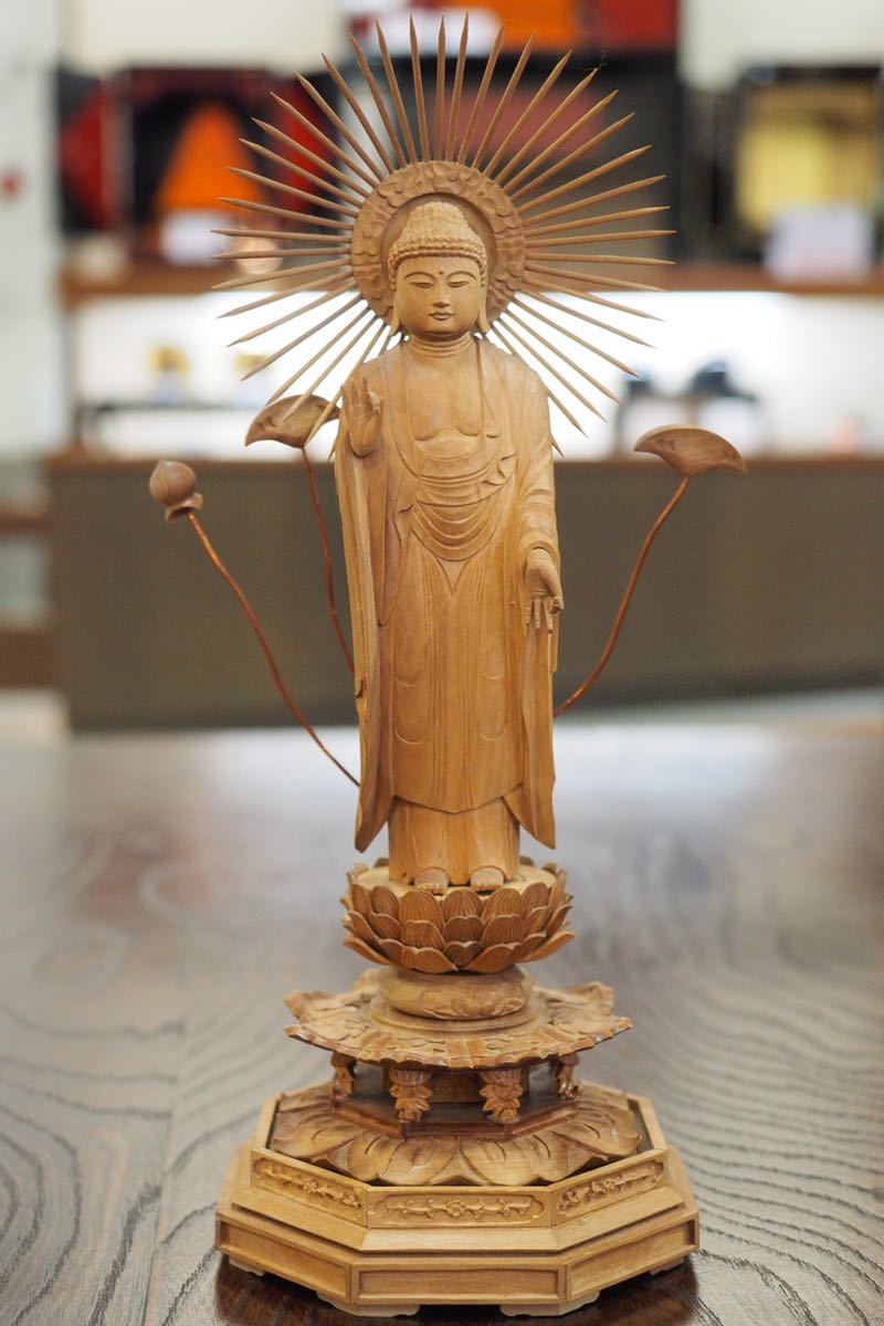 新品未使用 総白檀「東立弥陀」5.0寸 上級彫 木彫仏像 仏教美術 阿弥陀如来像