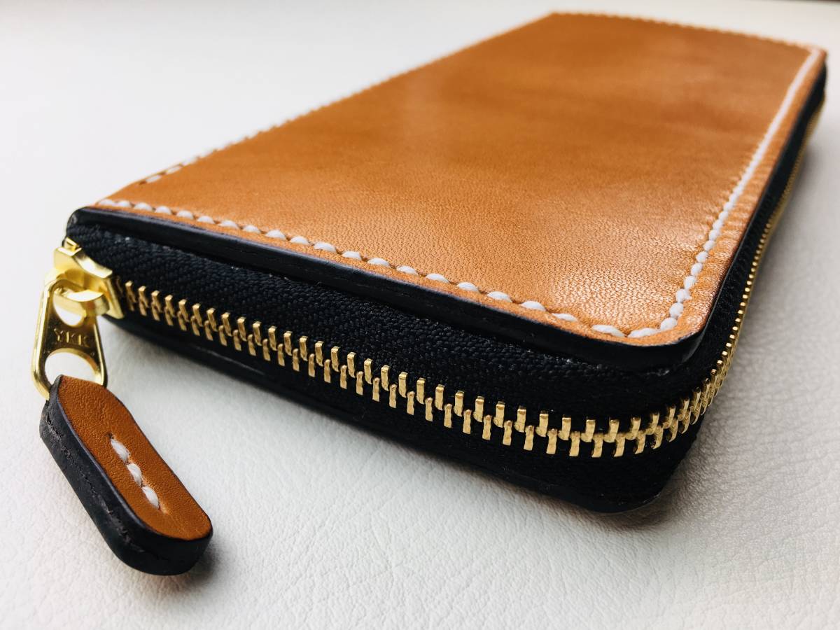 【手縫】ラウンドジップ本革長財布（キャメル色革黒縁）小銭入内蔵固定タイプで全体的がよく見えるお財布を製作しました_画像1