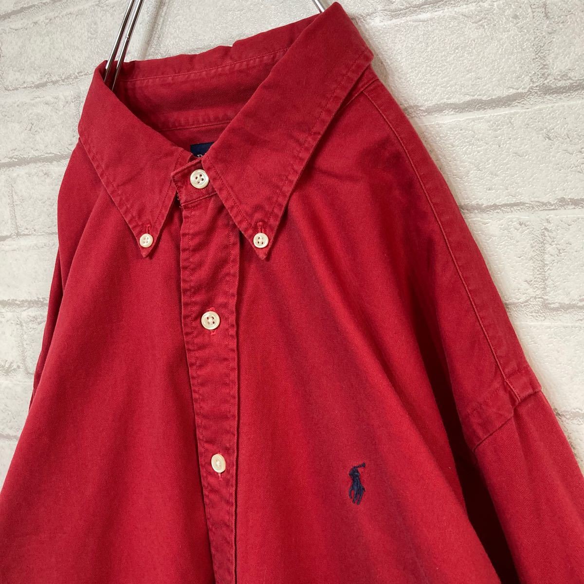 ラルフローレン ボタンダウンシャツ 赤 紺ポニー オーバーサイズ XL 90s