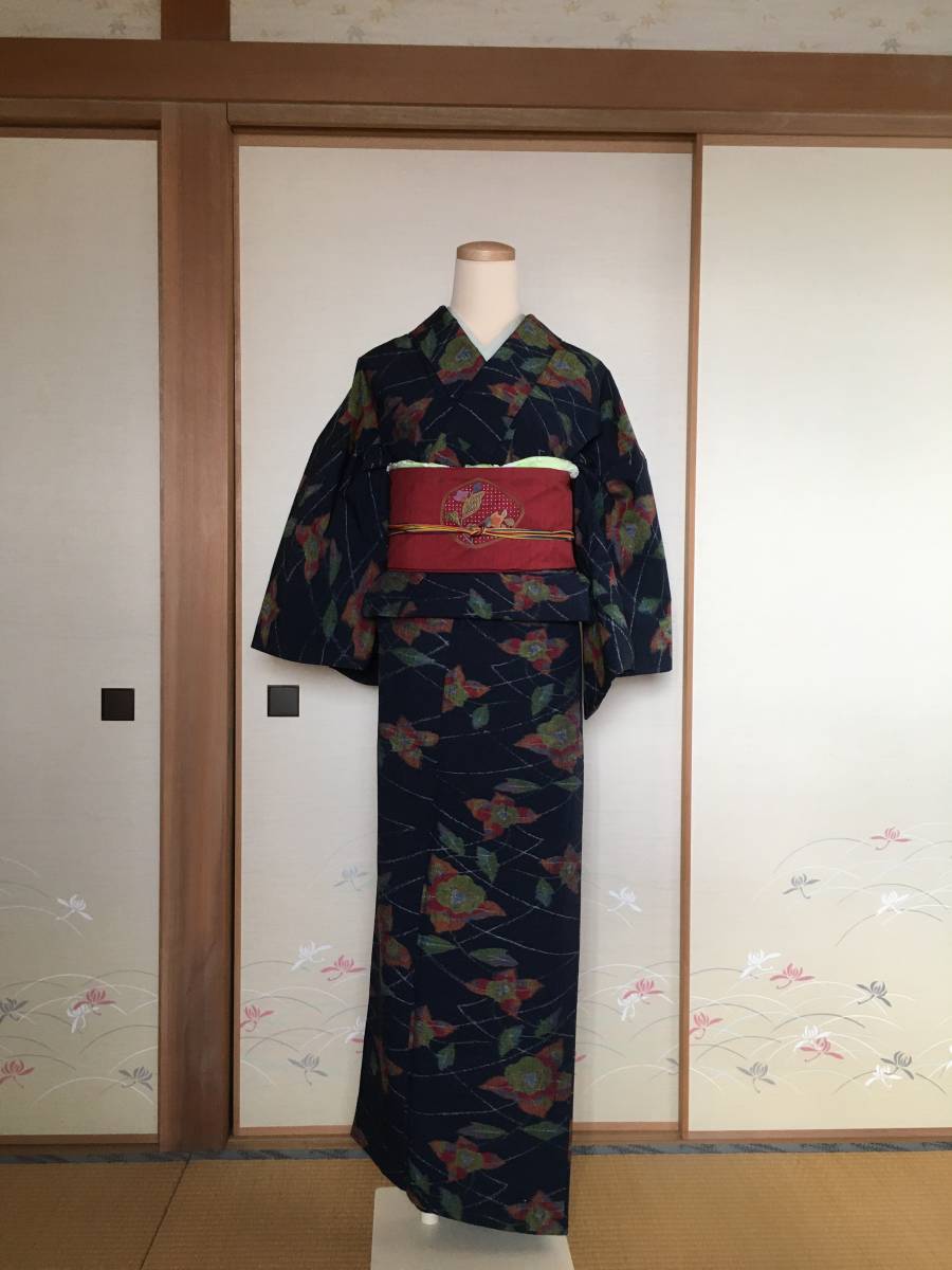 結城紬の単着物４点コーデ（着物、帯、帯揚げ、帯締め）