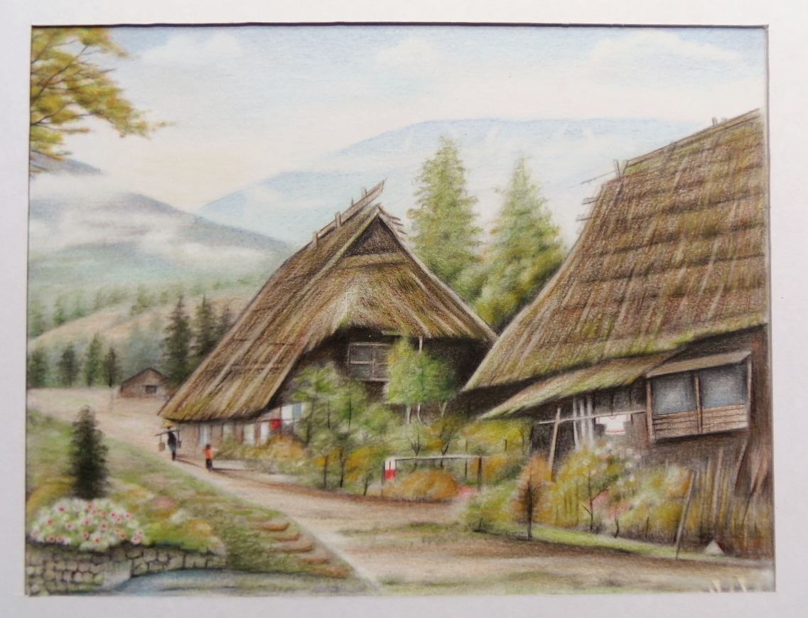 ◎色鉛筆での塗り絵・宅配８０サイズ・茅葺のある風景画 田園風景画 (170×223)　絵画 色鉛筆画 イラスト_画像1