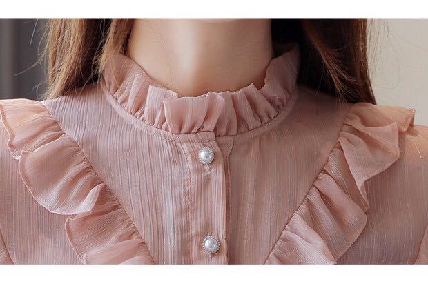  frill blouse long sleeve shirt pink M size 20101109