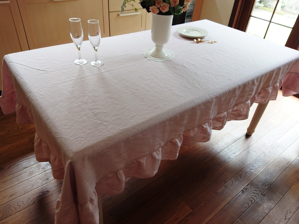フレンチリネン♪フリル付テーブルクロス200cm×130cm ピンク キッチン 