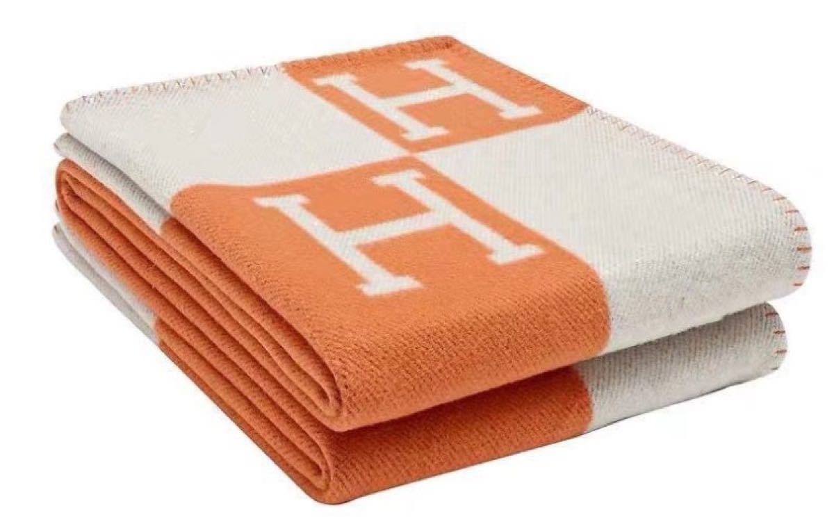 H柄 Hロゴ Hデザイン ブランケット 新品 オレンジ ベージュ H柄 Hロゴ Hデザイン ブランケット 新品 オレンジ ベージュ