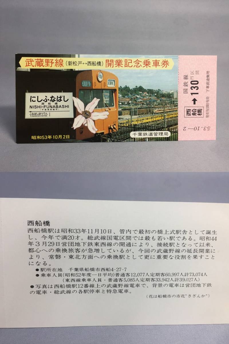 国鉄・千葉鉄道管理局　昭和53年10月2日　武蔵野線（新松戸⇔西船橋）開業記念乗車券5枚　【K13-5381-1】_画像7